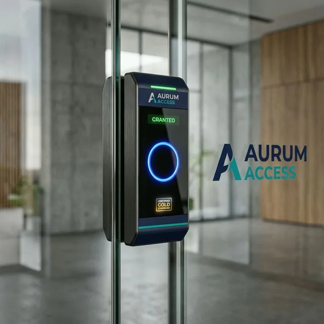 High-security access control system installed on a glass commercial office door