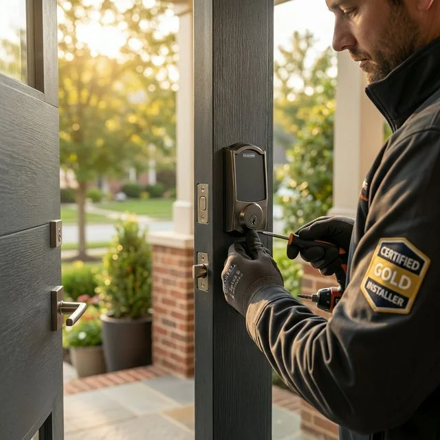 Professional locksmith installing a smart lock on a modern residential door