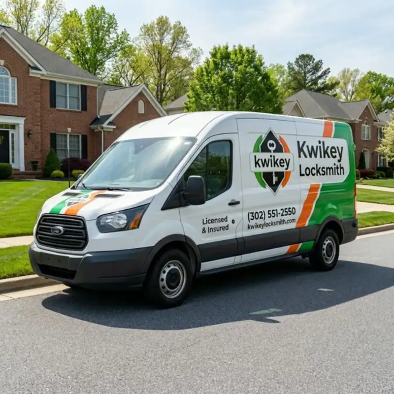 A professionally branded Kwikey Locksmith van parked in a city neighborhood